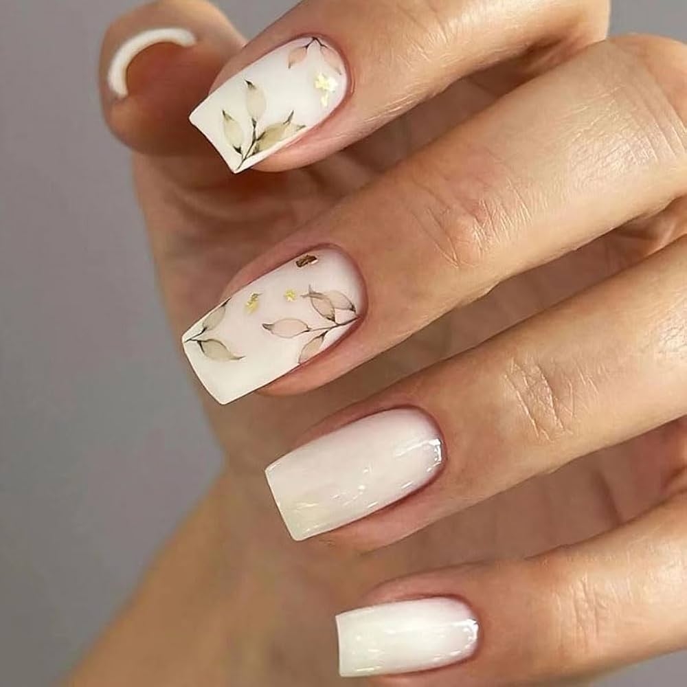 Amazon BAOYAALIN Milk White Press On Nails Medium Square Fake Nails With Fashion Flower Design Press Ons Artificial Acrylic Full Cover False Stick On Nail For Women Girls Daily Wear Wedding Manicure