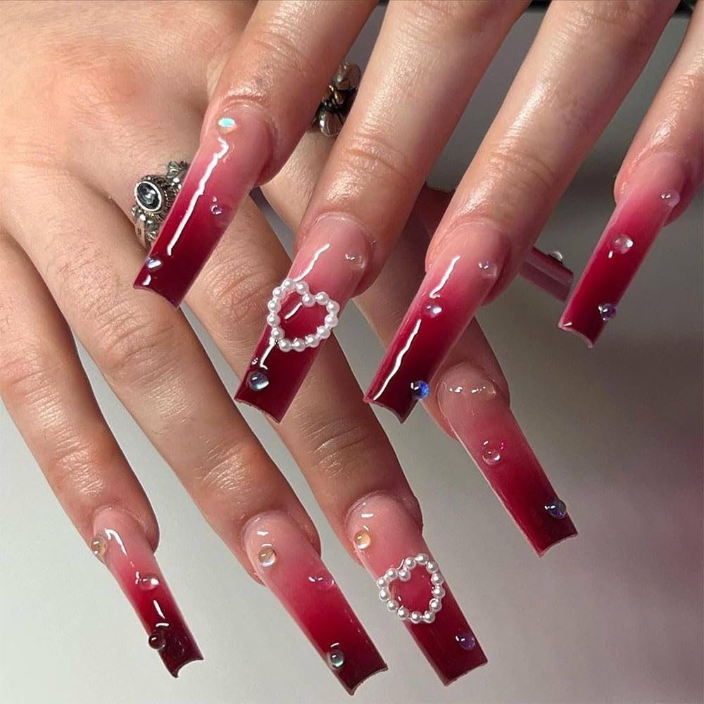 Amazon BAOYAALIN Press On Nails Long Coffin Ombre Red Fake Nails With 3D Heart Pearls Design Gel Glue On Nails For Women Girls Acrylic False Stick On Nail Manicure Decorations For Wedding