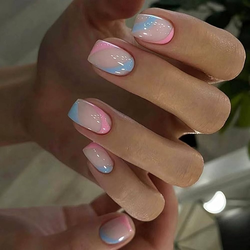 Amazon BAOYAALIN Press On Nails Short Medium Square Pink Blue Fake Nails With Simple Waves Design Press Ons Artificial Acrylic Full Cover False Stick On Nail For Women Girls Daily Wear Wedding