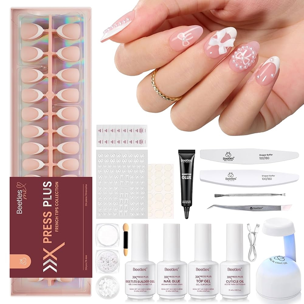 Amazon Beetles X Press Gel Nail Kit French Tip Press On Nails Short Almond Kit With 224Pcs Nail Tips Nail Glue Builder Gel Top Coat Mini UV Light All in One DIY Wedding Nail