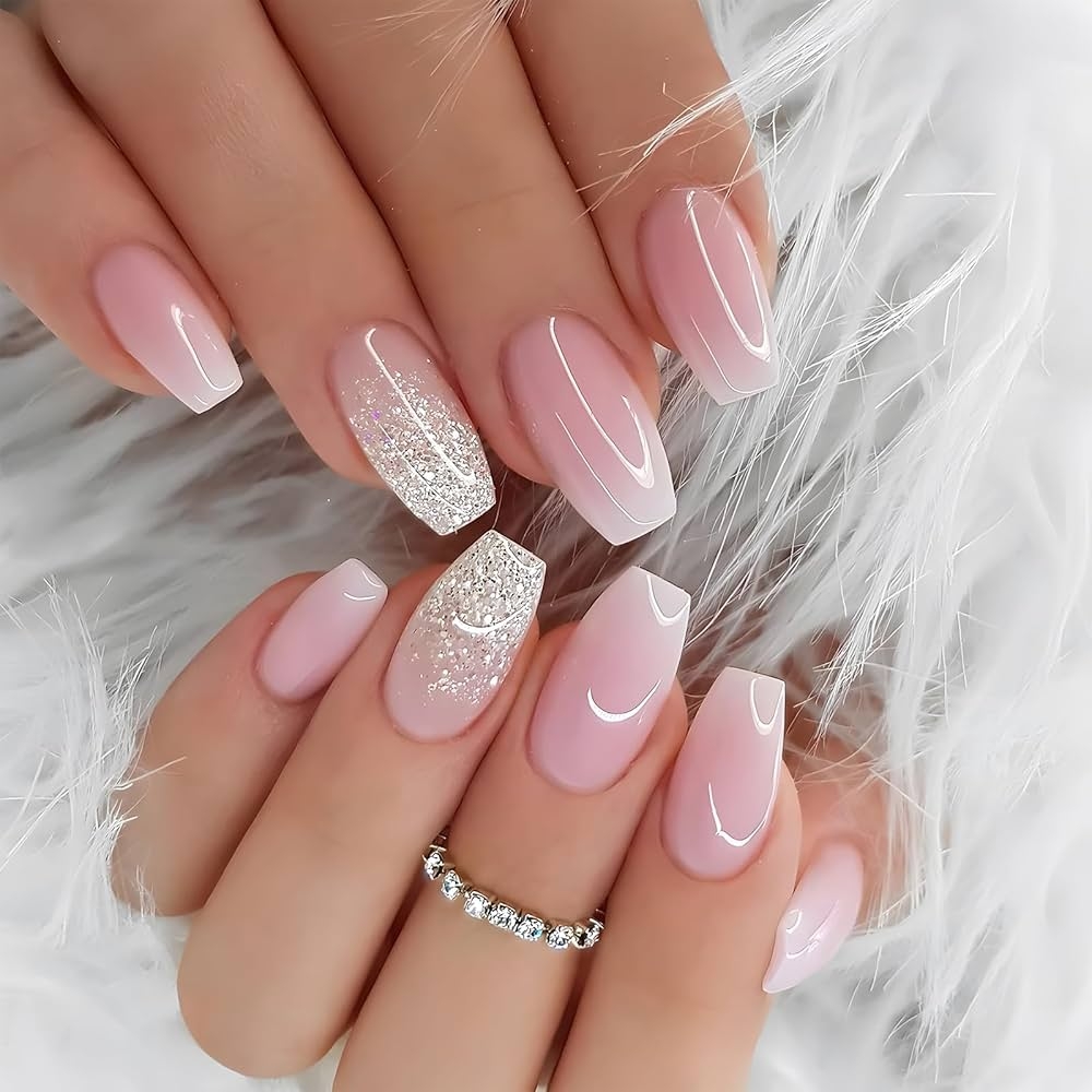 Amazon Bellelfin 24Pcs Short Coffin Press On Nails Ballerina Pink White Ombre Fake Nails Glossy Gradient False Nail With Glitter Design Acrylic Glue On Nails For Women Girls Artificial Fingernails Beauty