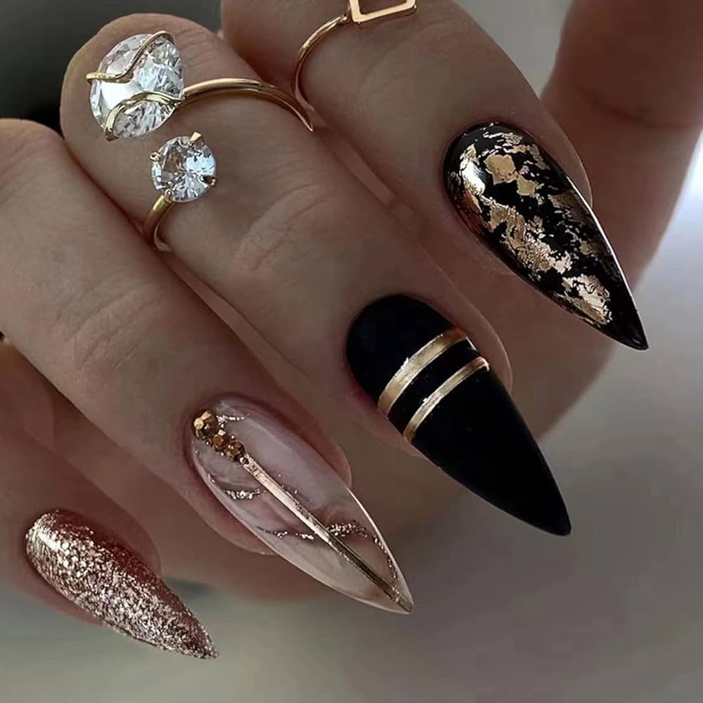 Amazon Black Almond Press On Nails Medium Length Gold Foil Fake Nails With Gold Foil Glitter Line Designs Glossy Coffin Nails Full Cover Nail Tips Glue On Nails Artificial Acrylic False Nails