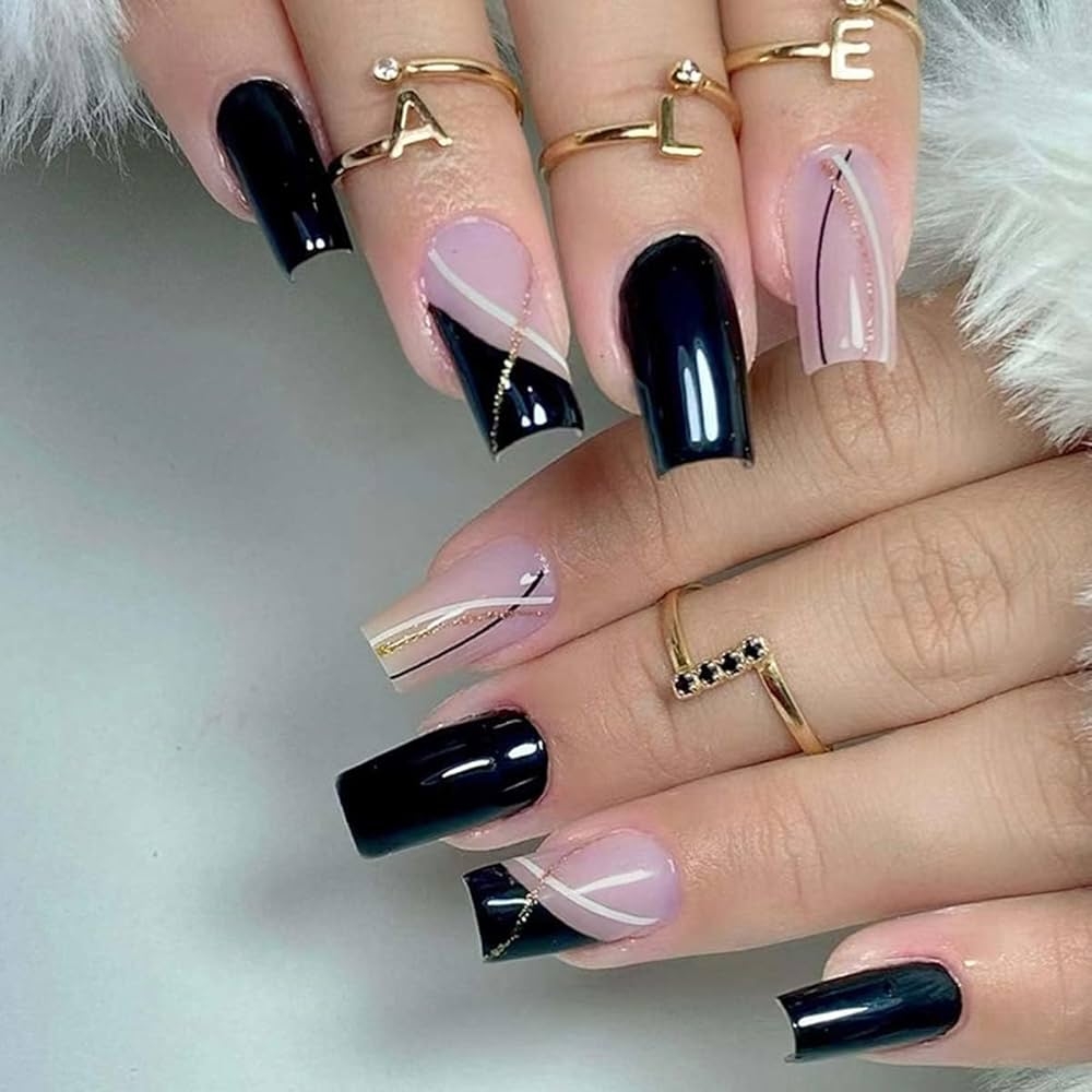 Amazon Black French Fake Nails Medium Length Square Press On Nails With Black White Lines Design Glossy Coffin Nails Full Cover Nail Tips Glue On Nails Artificial Acrylic False Nails For Women
