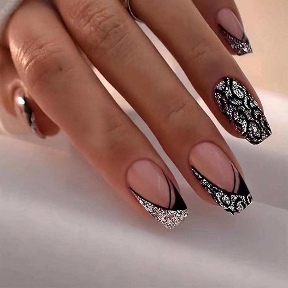 silver and black nail designs