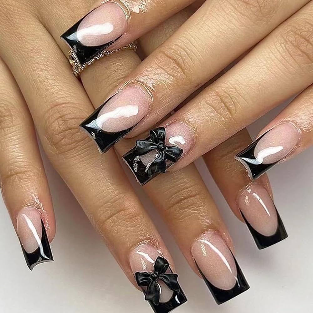 Amazon Black French Tip Press On Nails With Black Bow Designs Medium Fake Nails Square Full Cover Glue On Nails Bow Knot Cute False Nails Glossy Stick On Nails For Women Acrylic Manicure