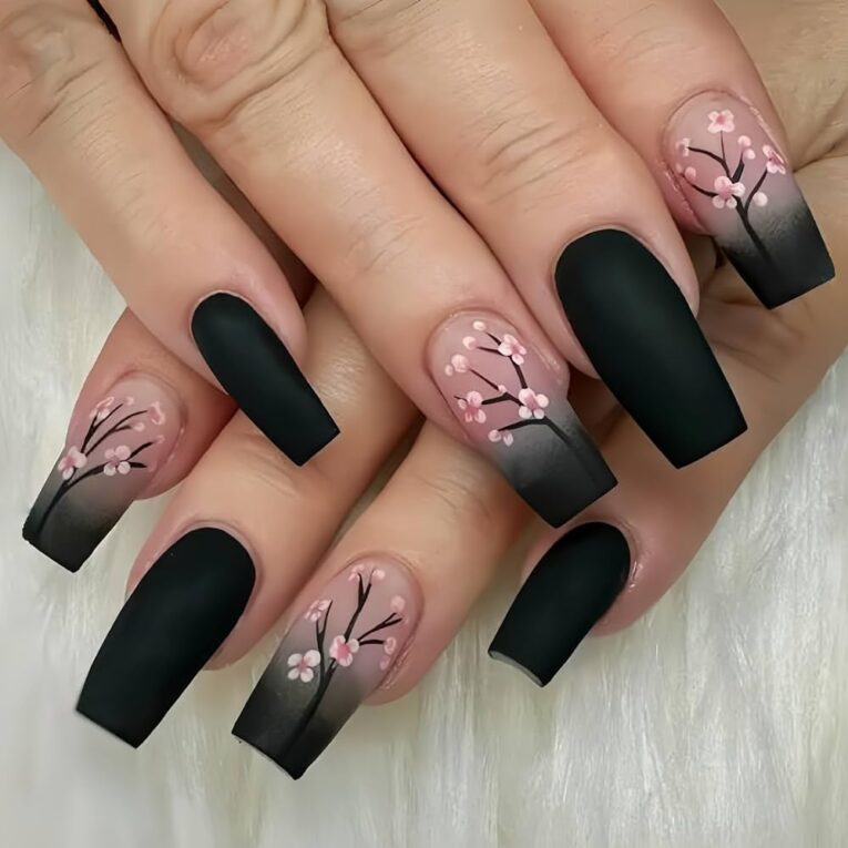 Black Nails With Pink Designs