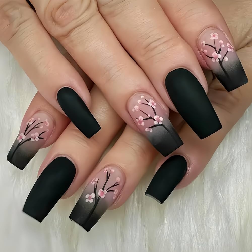 Amazon Black Press On Nails Long Coffin Fake Nails With Pink Flower Designs Black And Pink Gradient Acrylic Nails Full Cover Fall Press On Nails Square Shape False Nail Tips Long Stick