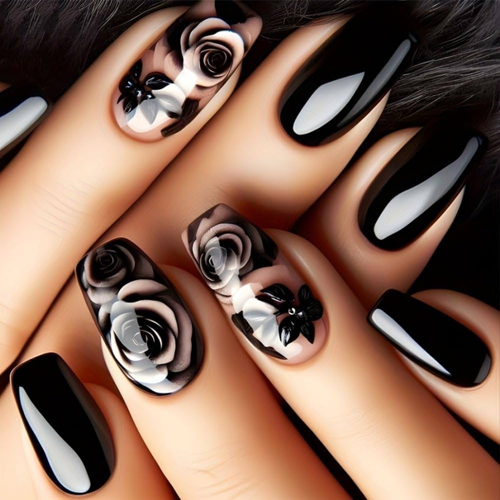 Amazon Black Press On Nails Medium Square Black Rose Nails Press Ons Flower False Nails With Design Ombre Flat Fake Nails Glossy Black Stick On Nails For Women Summer Acrylic Full Cover Amazon Black Press On Nails Medium Square Black Rose Nails Press Ons Flower False Nails With Design Ombre Flat Fake Nails Glossy Black Stick On Nails For Women Summer Acrylic Full Cover