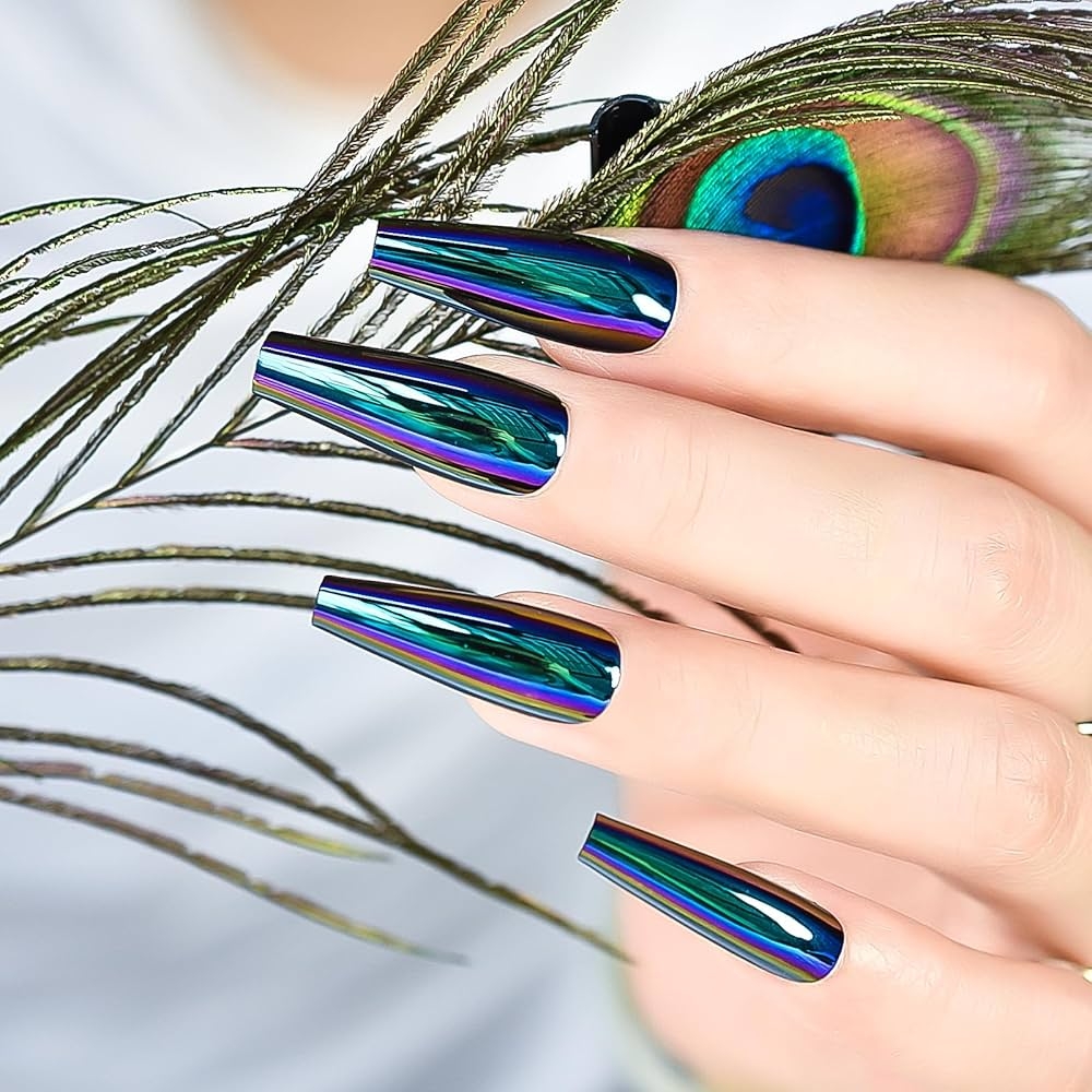 Amazon Blue Chrome Press On Nails Metallic Mirror Coffin Aurora Fake Nails Extra Long Ladies Nail Art Designs For Fingertips Beauty Personal Care