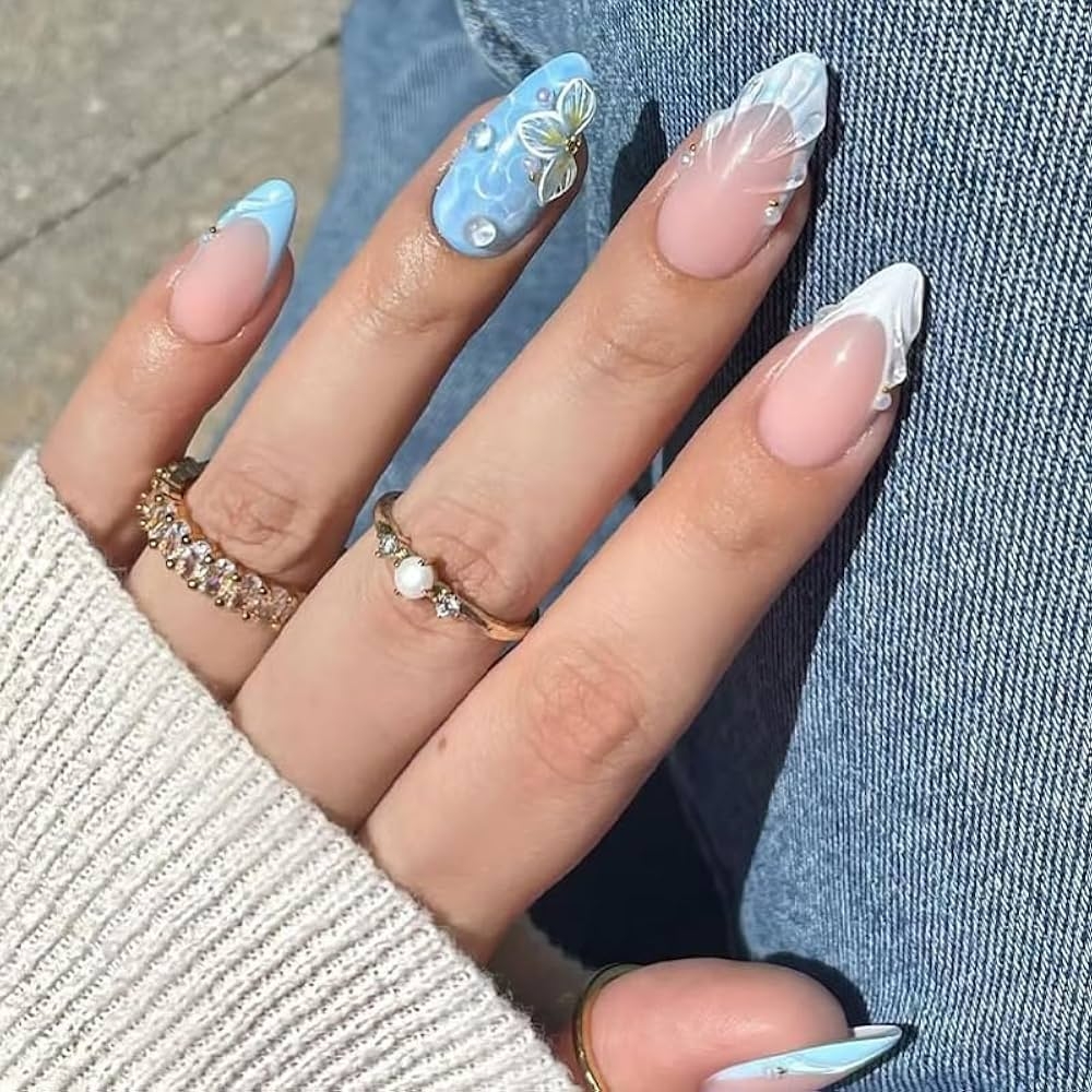 Amazon Blue Press On Nails Almond French Tip Fake Nails With Flowers Pearls Designs Full Cover Acrylic Artificial Nails Glossy Blue Nail Tips False Nails Almond Shape Glue On Nails For Women
