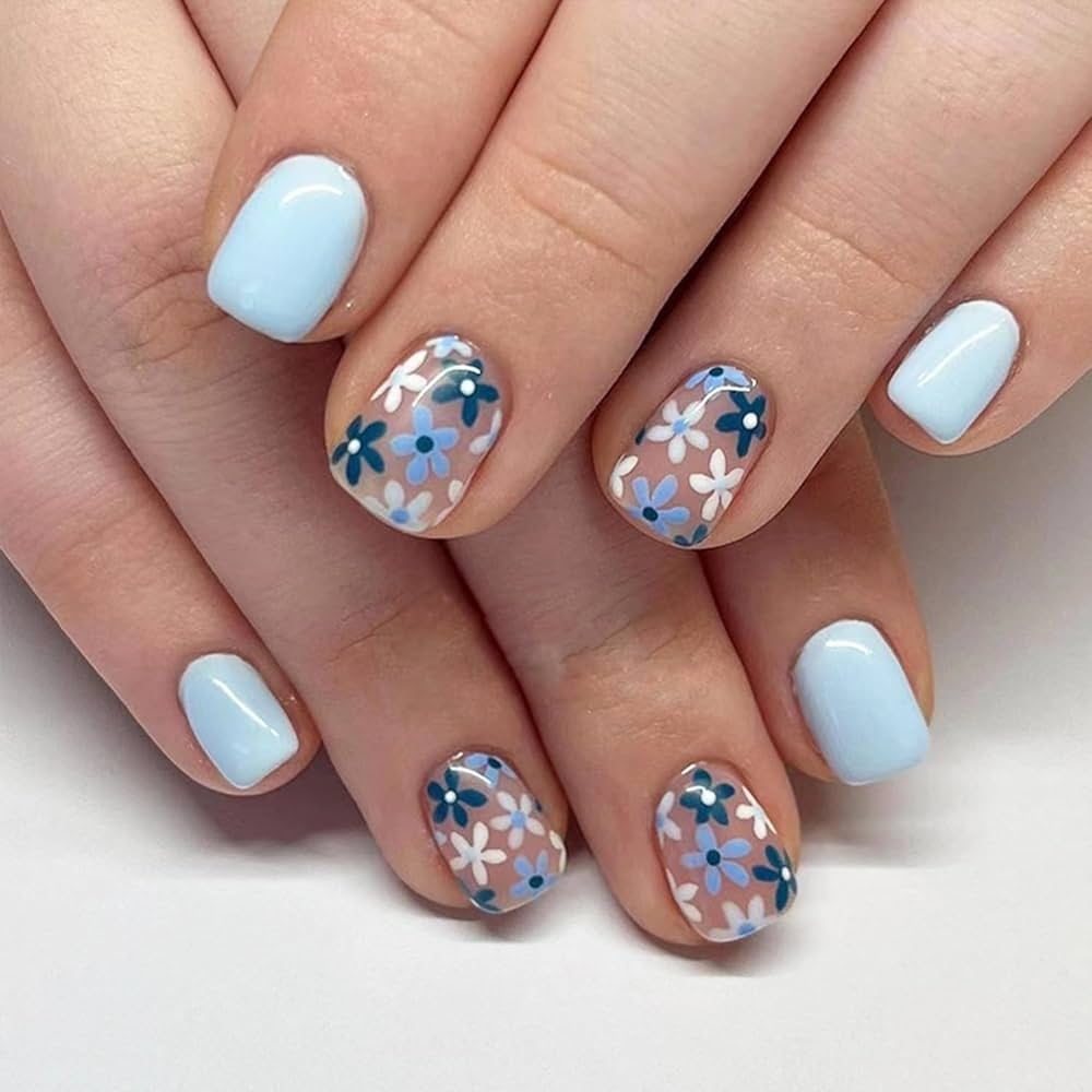 Amazon Blue Short Press On Nails Square Cute Fake Nails With Flower Daisy Acrylic Nails Reusable Glossy Glue On Nails Elegant Nail Art Design Short False Nails For Women Spring Stick On