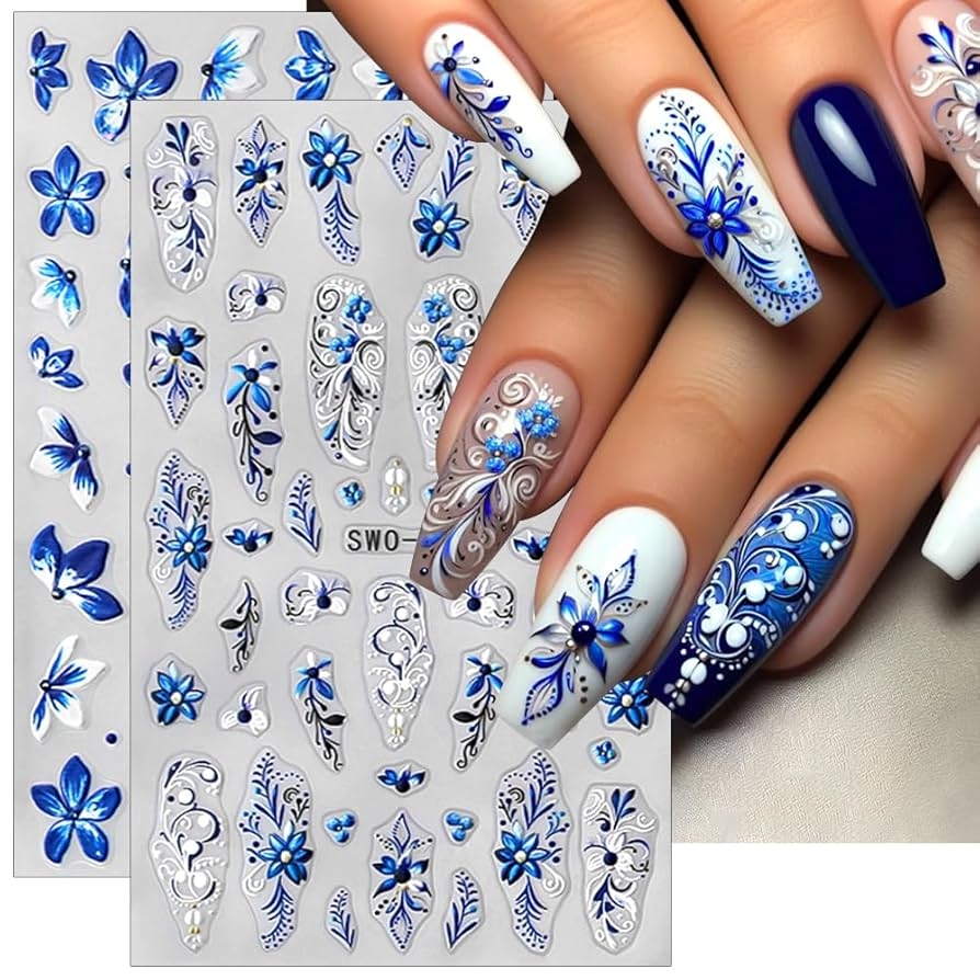 Amazon Blue White Petals Flower Nail Stickers For Women Relief Slider Floral Nail Decals For Nail Art Orchids Lily Flowers Nail Art Stickers Spring Summer Flower Sticker Nails Design Nails Accessories 