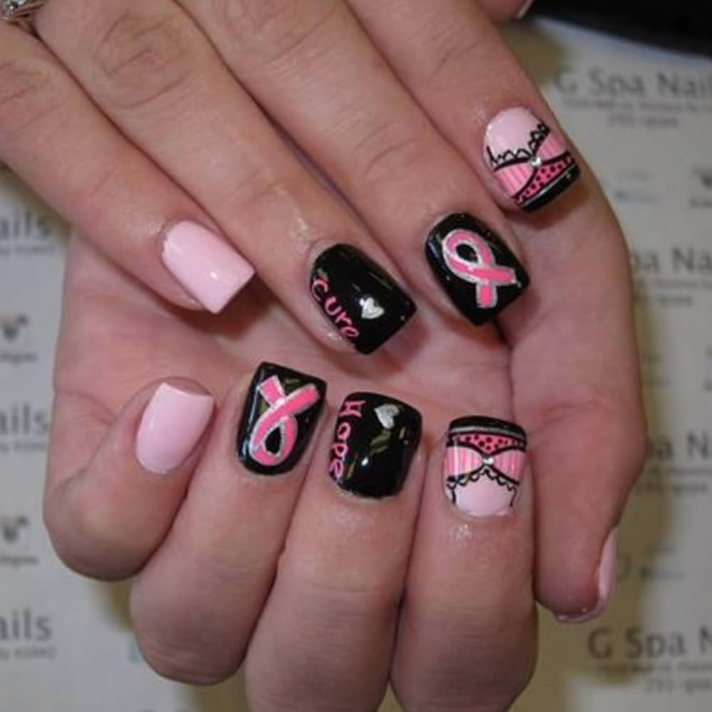 Amazon Breast Cancer Press On Nails Short Square Fake Nails Black Pink Acrylic Glue On Nails Extra Short Breast Cancer Awareness Nails Decoration With Pink Ribbon Design Full Cover False Nail For