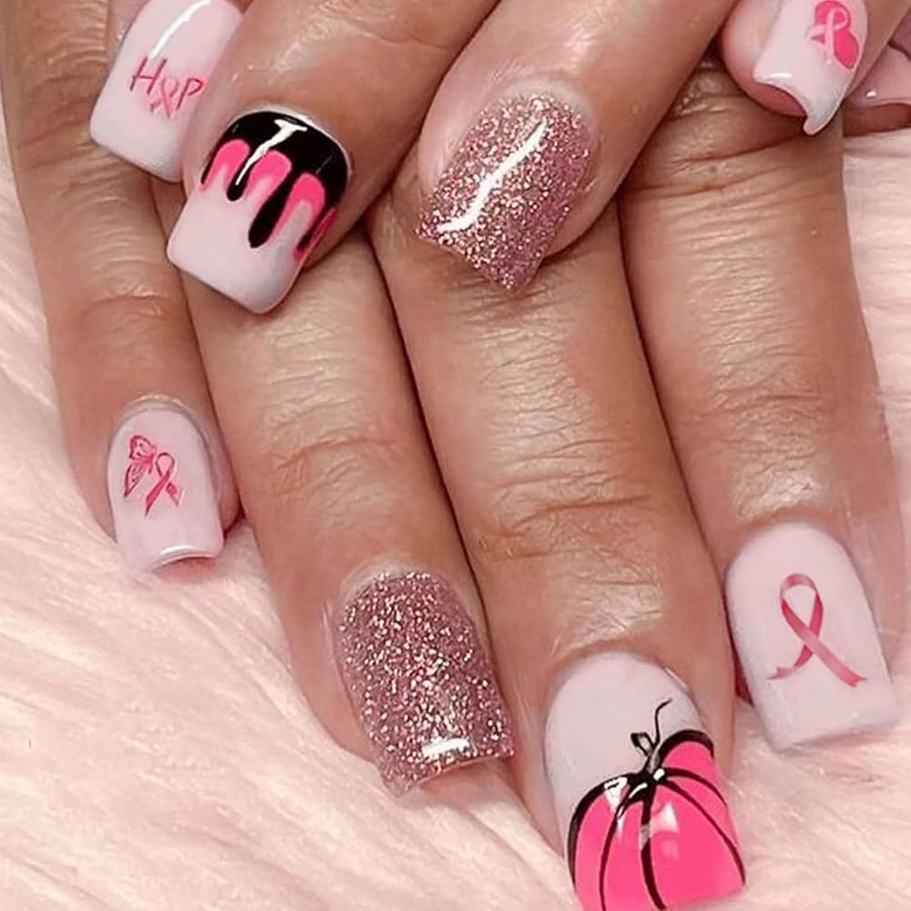 Amazon Breast Cancer Press On Nails Short Square Fake Nails Pink Ribbon Pumpkin Glitter Design Full Cover False Nails Glue On Nails Reusable Fall Halloween Nail Decorations For Women Girls Nail Art