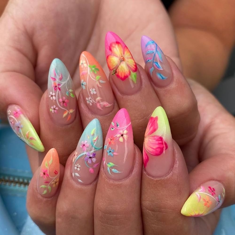 Amazon CEWEWP Flower Press On Nails Almond Fake Nails Colorful Gradient Nail Tips Spring Stick On Nails Acrylic Nails Long False Nails Gorgeous Floral Nails Designs Cute Nails For Women And Girls