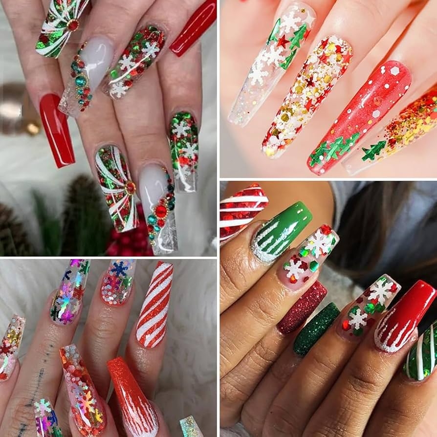 Amazon Christmas Nail Art 6 Boxes Holographic Snowflake Nail Art Glitters Flakes With Glitter Powder Green Red Xmas Tree Snowflake Stars Winter Christmas Nail Design For Acrylic Nails Beauty Personal