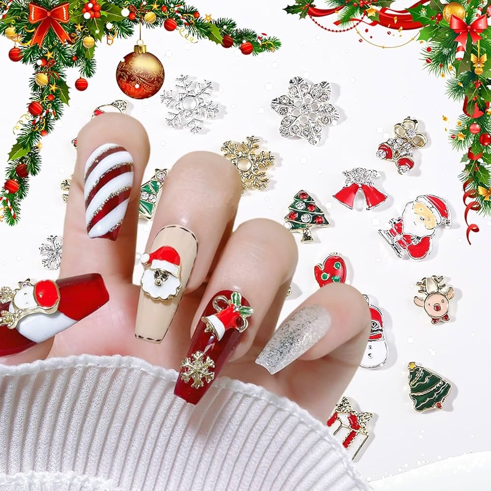 Amazon Christmas Nail Art Rhinestone Alloy Metal Xmas Tree Snowflake Santa Claus Bells Elk Nail Art Designs Women Manicure Charms Decorations Winter Holiday DIY Nail Diamond Gems Jewelry Supplies Beauty 
