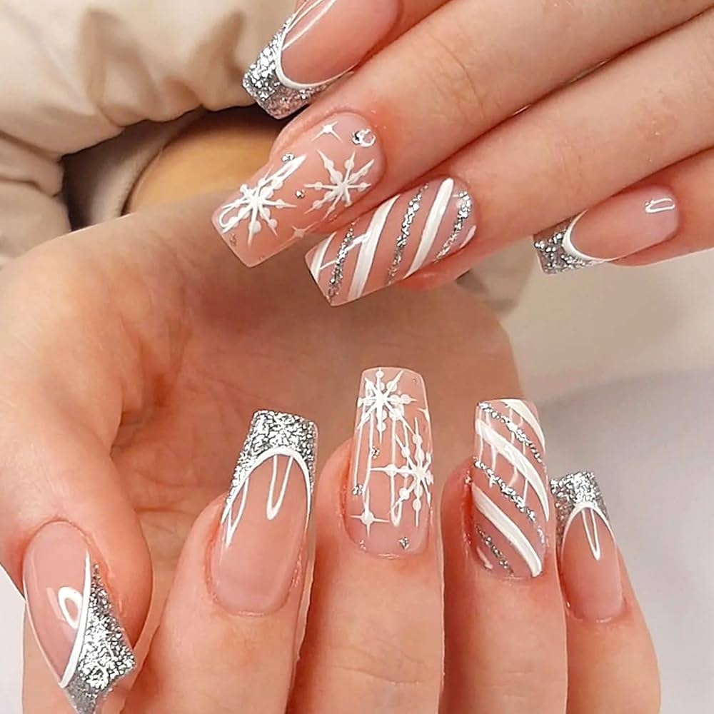 Amazon Christmas Press On Nails Medium Coffin 24Pcs Christmas Nail Glitter French Tip Fake Nails With Snowflake Design Gloss Full Cover Medium False Nails For Women And Girls Stripe Snowflake Coffin 