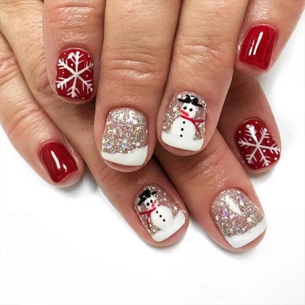 Amazon Christmas Press On Nails Short Square Fake Nails Winter Red Glossy False Nails With Xmas Snowman Glitter Designs French Tip Stick On Nails Full Cover Acrylic Nails For Women Nail Art