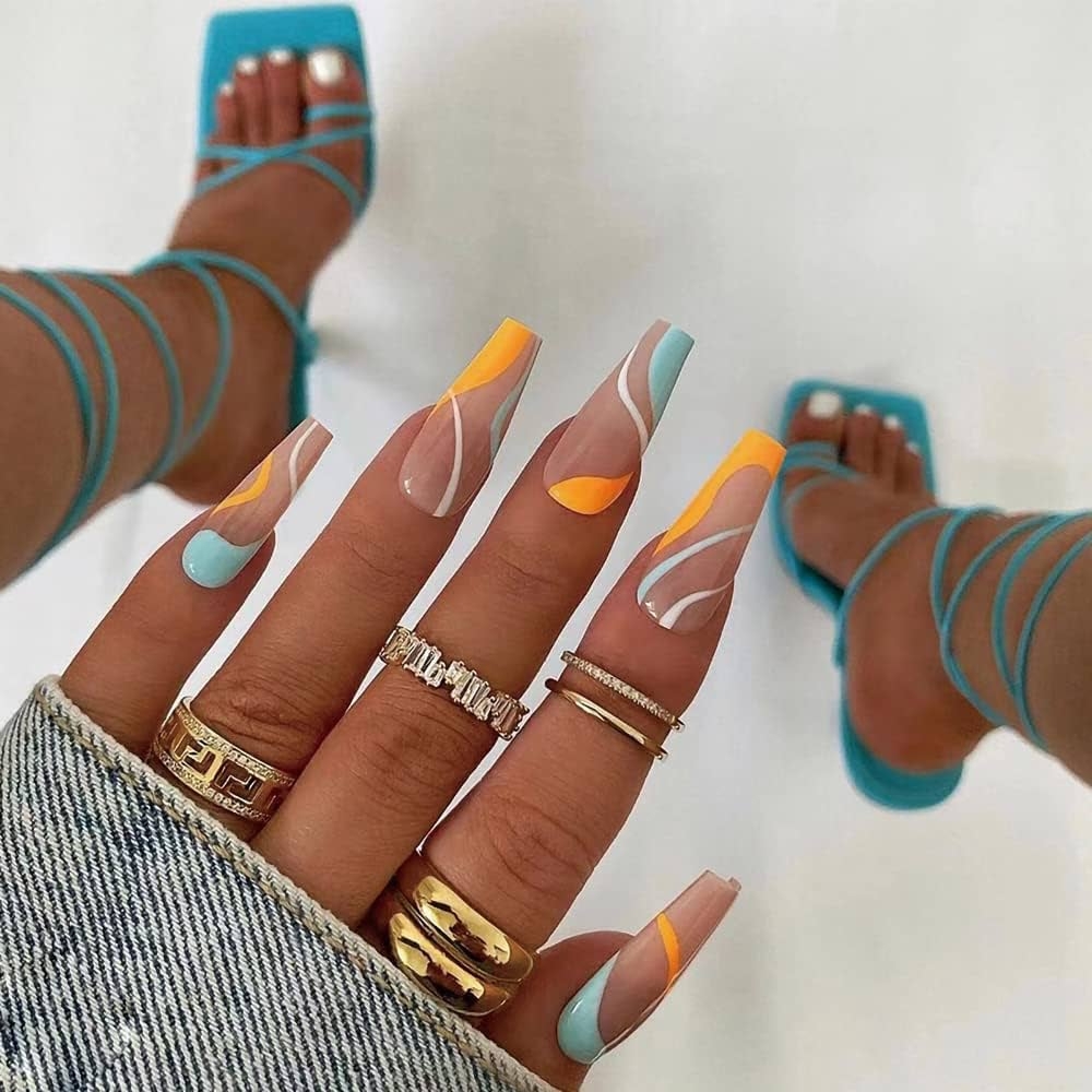 Amazon COCOBURI 24 Pcs Press On Nails Medium Colorful Curves Pressed On The Nail Medium length Square Nails Acrylic Ballerina Delicate Colors For Women And Girls Nail Art Beauty Personal Care