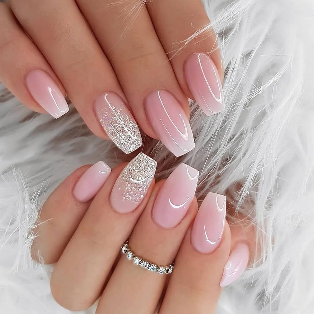 Amazon Coffin Press On Nails Medium Length Fake Nails Glitter Pink Gradient False Nails Design Glossy Full Cover Artificial Acrylic Nails Reusable Stick On Nails Natural Fit Glue On Nail For Women