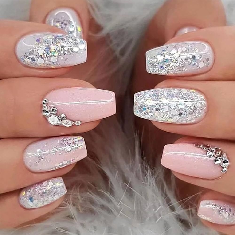 Amazon Coffin Press On Nails Short False Nails With Silver Glitter Designs Rhinestones Fake Nails White And Pink Full Cover Acrylic Nails Glossy Reusable Glue On Nails For Women 24 Pcs 