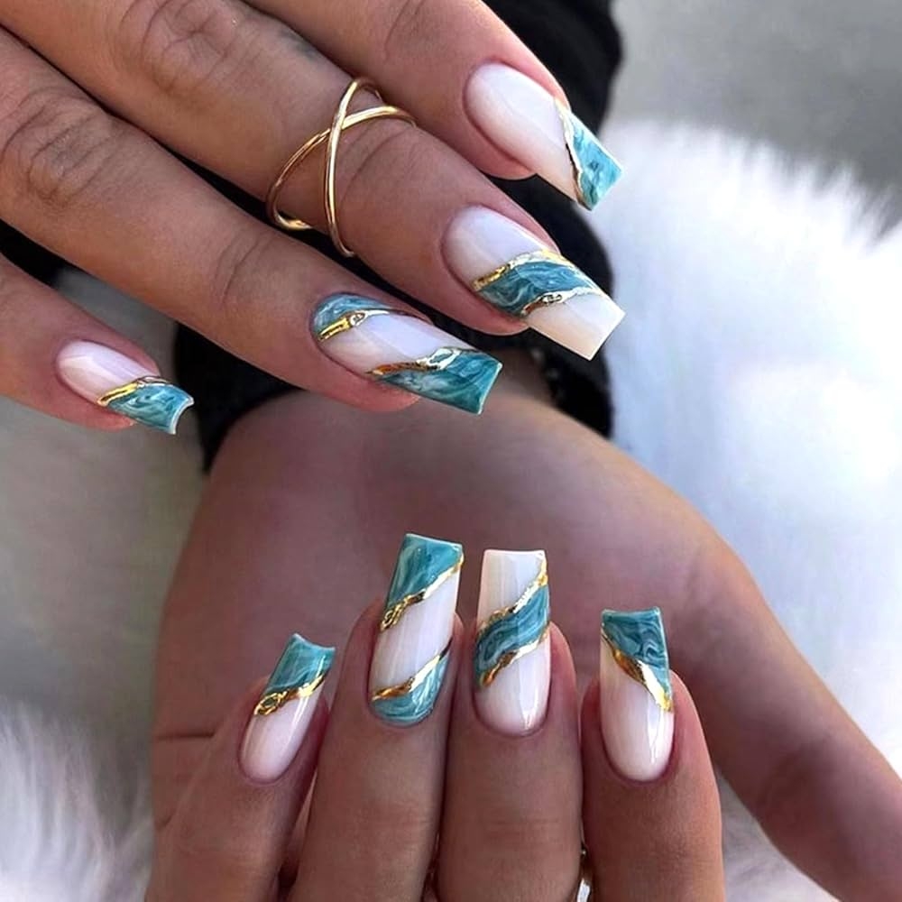 Amazon Coffin Press Ons Medium Fake Nails Gold Line Designs Light Blue Smudge Nails Press Ons With White Glue Glossy Full Cover Artificial Stick On Nails 24PCs Beauty 