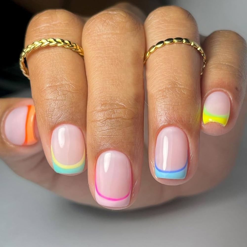 Amazon Colorful French Tip Press On Nails Short Square Rainbow Fake Nails With Cute Designs Neon Glossy Stick Ons For Women Girls Beauty Personal Care