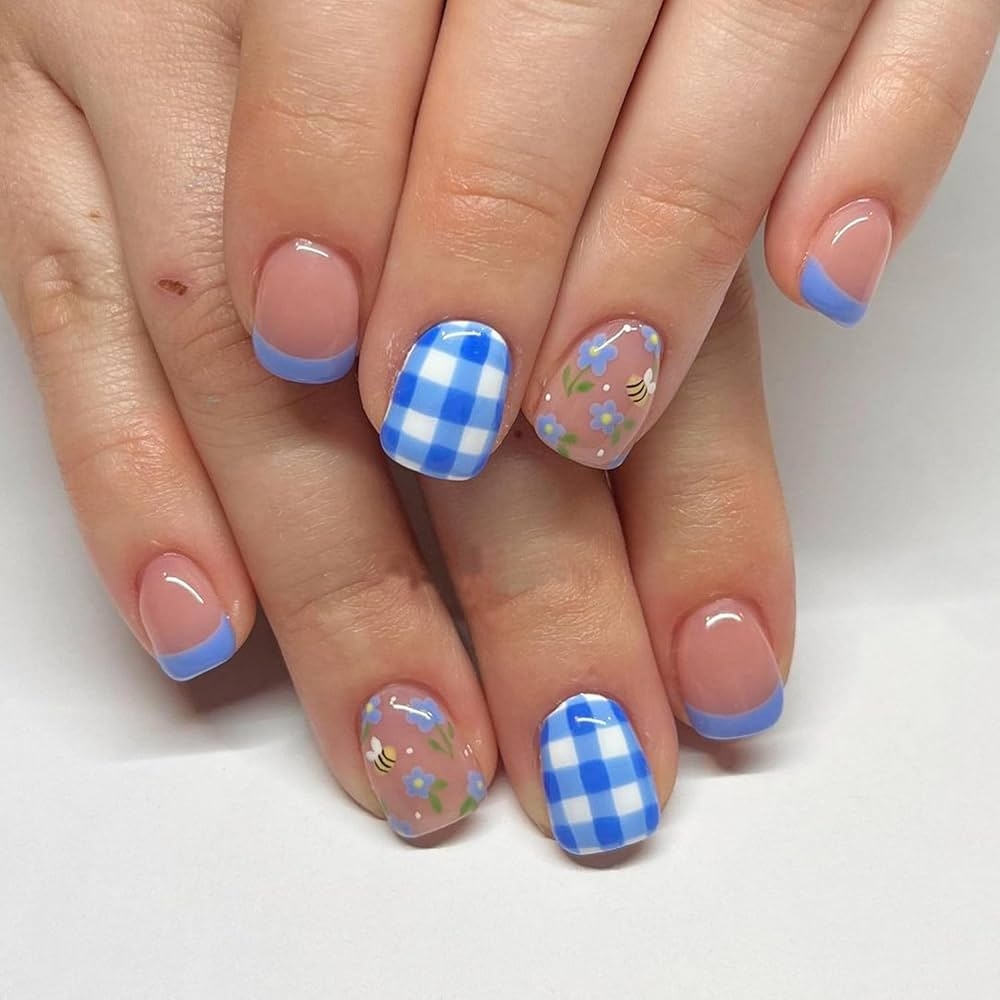 Amazon Cute Press On Nails With Bee And Flower Designs Stick On Nails Full Cover Blue And White Checkered French Tip Acrylic Nails Summer Sweet Young False Nails For Women