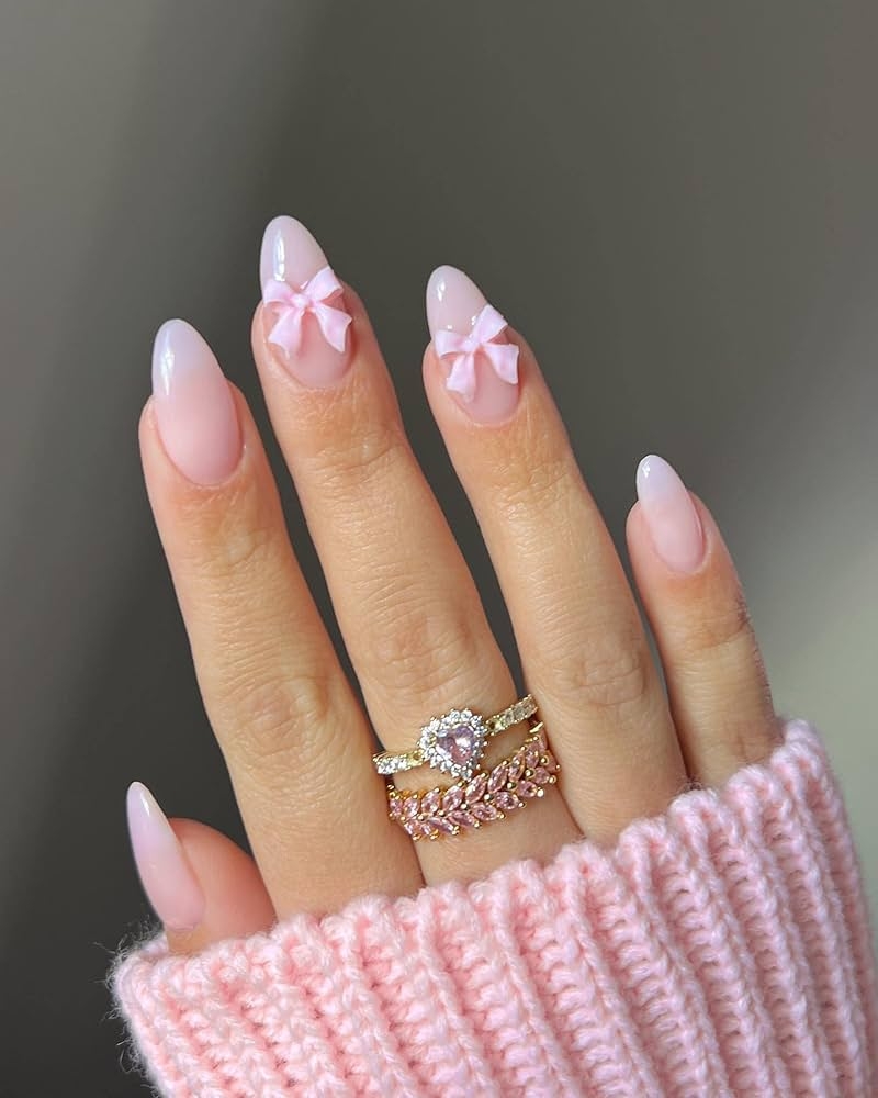 Amazon Cute Press On Nails With Bow Charm Designs Cute Pink Fake Nails Medium Almond Shaped Acrylic Nails Gloss False Nails Reusable Glue On Nails For Women Girls Beauty Personal