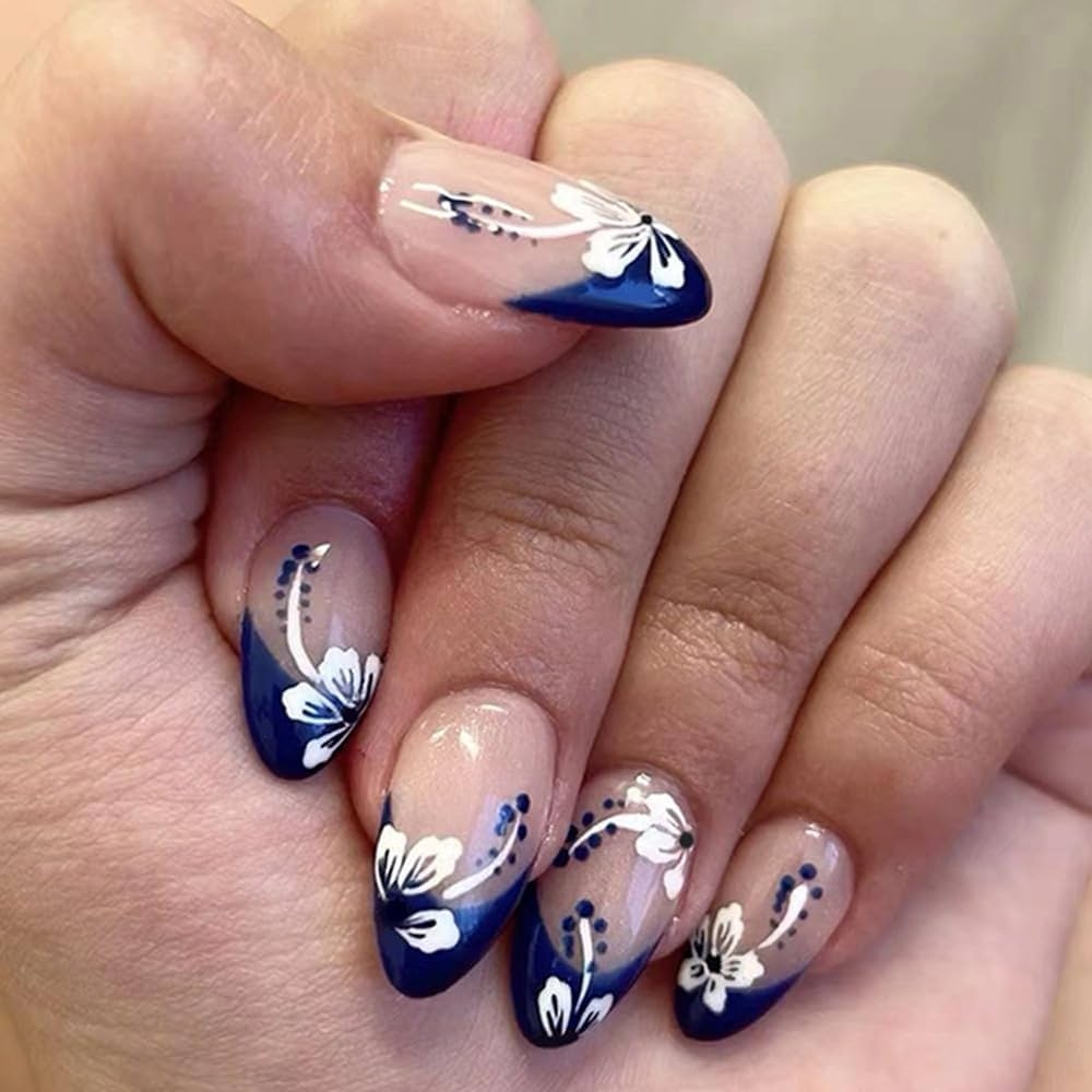 Amazon Dark Blue French Press On Nails Medium Almond Summer Fake Nails Nude Pink False Nails Press Ons With White Flower Design Full Cover Nail Tips Acrylic Nail Art Kit For