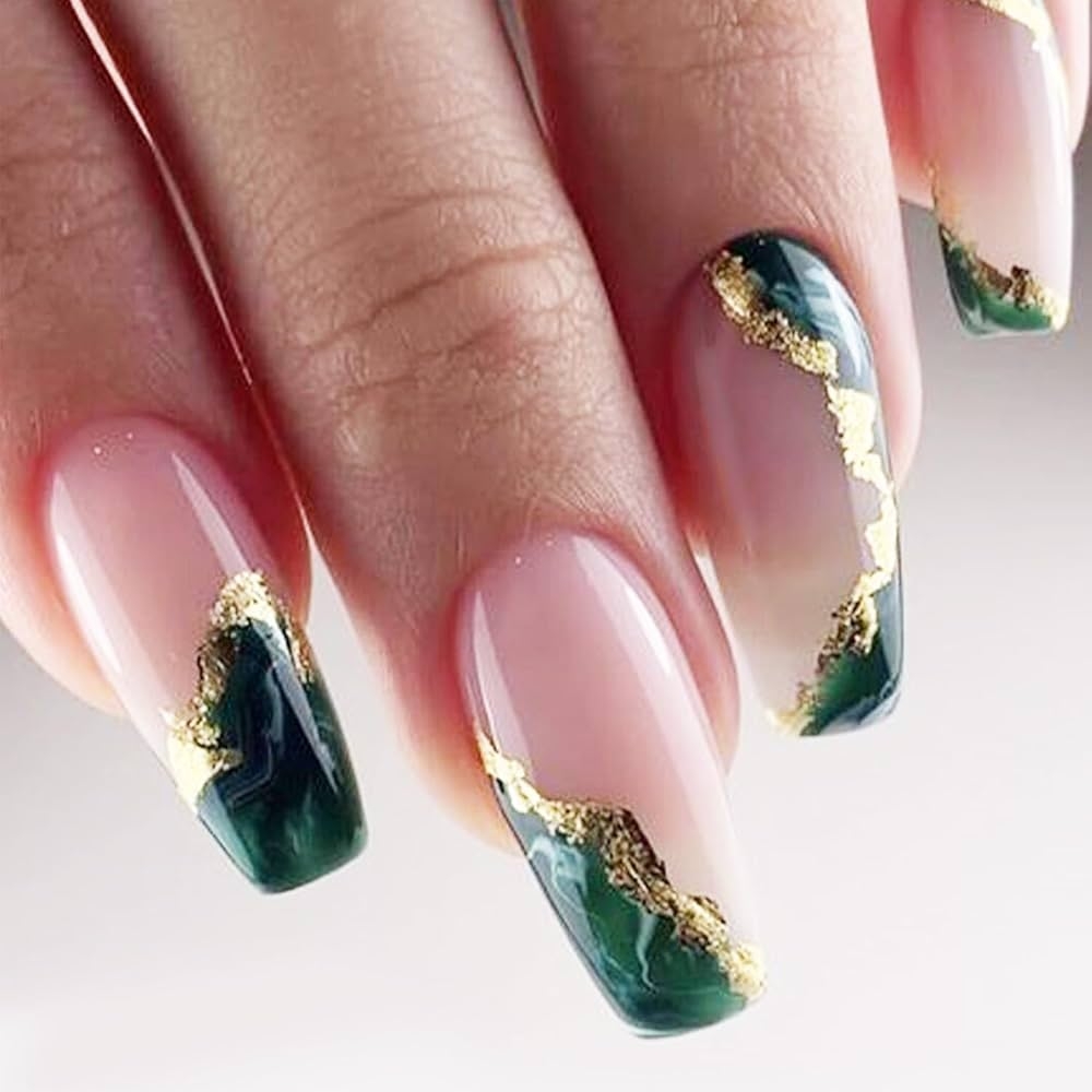 Amazon Dark Green Press On Nails Medium Marble False Nails With Glitter Designs Glossy Gold Foil Coffin Shape Reusable Acrylic Full Cover Artificial Nails Glue On 24pcs Beauty Personal
