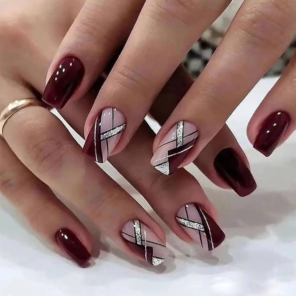 Amazon Dark Red Press On Nails Medium Length Square Silver Fake Nails With Glitter Line Designs Glossy Full Cover Acrylic 24pcs Beauty Personal Care