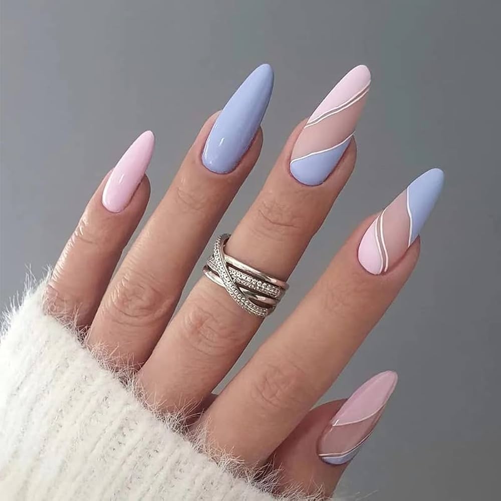 Amazon DOUBNINE Press On Nails Long Almond Blue Pink Silver Swirl Matte Fake Nails With Nail Glue Designs Acrylic Nails Full Cover Wear Stick On Nails For Women Grocery Gourmet