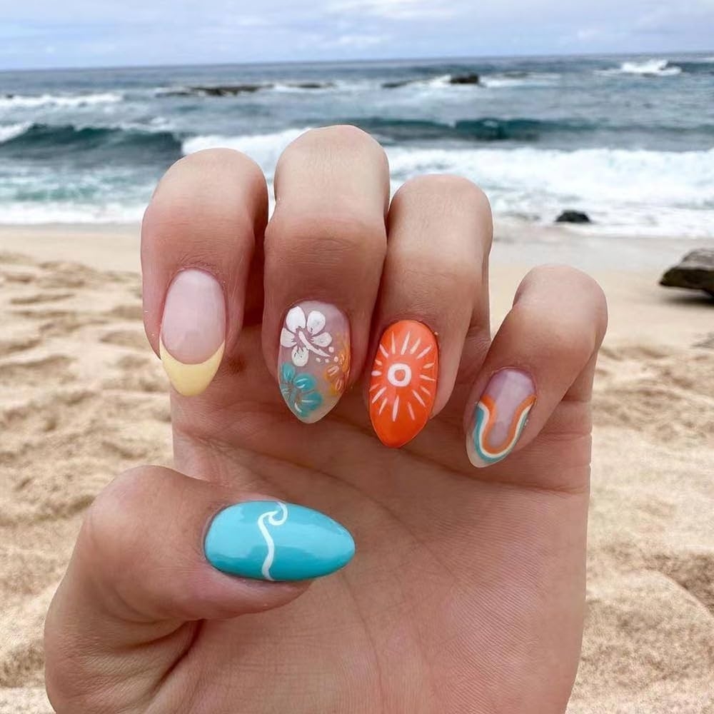 Amazon DOUBNINE Press On Nails Summer Beach Nail Art Design Tropical Hawaiian Style Orange And Turquoise With Floral Patterns Fake Nails Acrylic Stick On Nails Wear For Women Beauty Personal