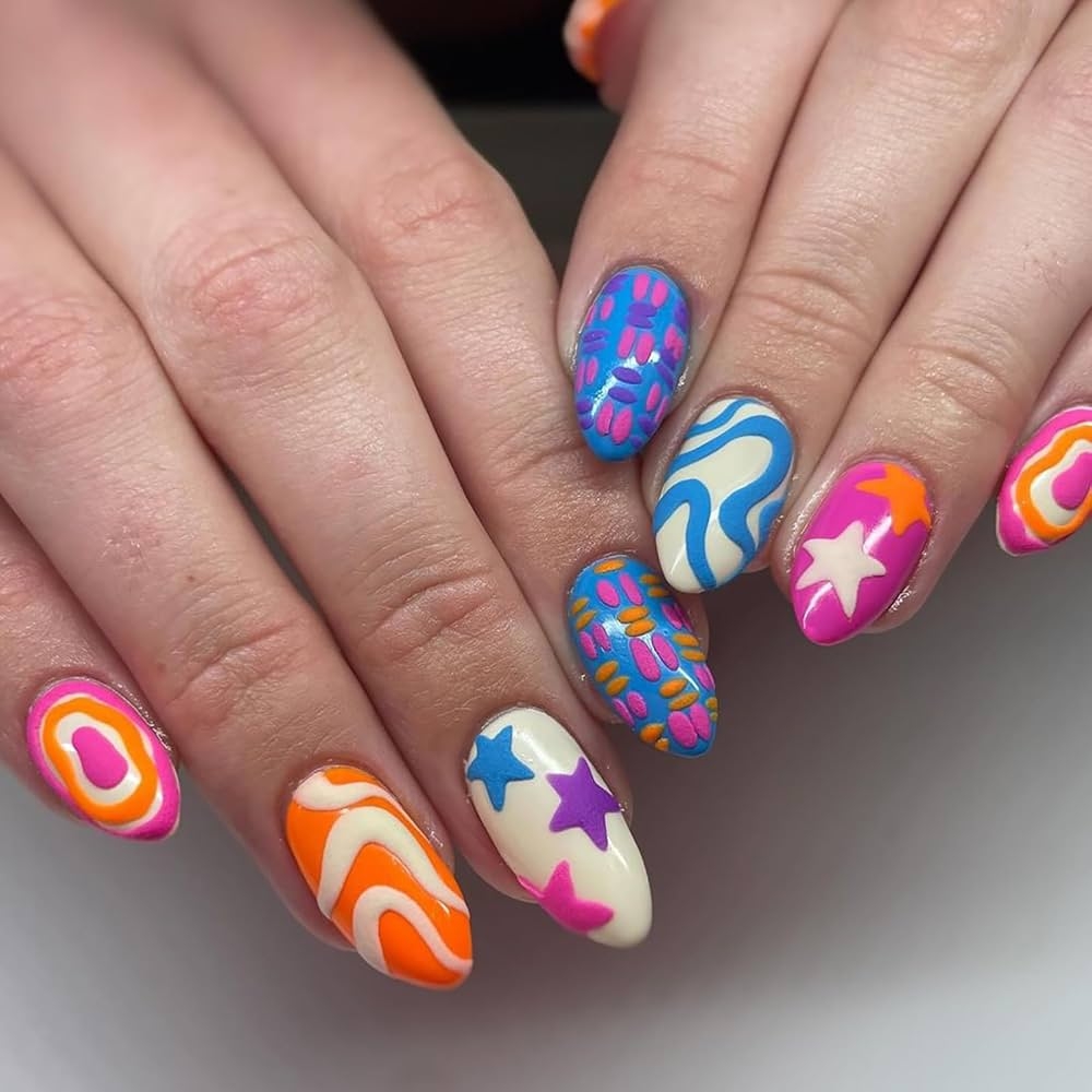 Amazon Embossed Fake Nails Short Almond Press On Nails With Stripe Star Designs Spring Summer Colorful Glossy Reusable False Nails Full Cover Cute Acrylic Nails Stick On Nails For Women 24Pcs 