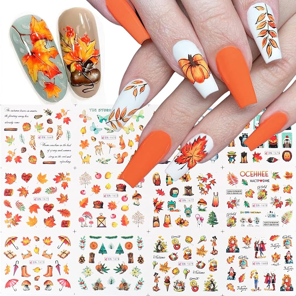 Amazon Fall Nail Art Stickers Thanksgiving Nail Decals 24 Sheets Maple Leaves Pumpkin Water Transfer Maple Leaf Turkey Pumpkin Animal Nail Design Sticker For Women Girls Fingernail Tattoos Decoration Beauty 