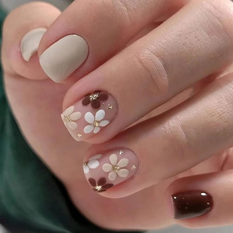 Amazon Fall Press On Nails Extra Short Square Fake Nails Autumn Flowers Designs False Nails Glossy Glue On Nails Brown Acrylic Nails Full Cover Small Stick On Nails For Women Nail Art