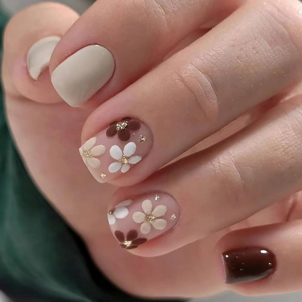 Amazon Fall Press On Nails Extra Short Square Fake Nails Autumn Flowers Designs False Nails Glossy Glue On Nails Brown Acrylic Nails Full Cover Small Stick On Nails For Women Nail Art