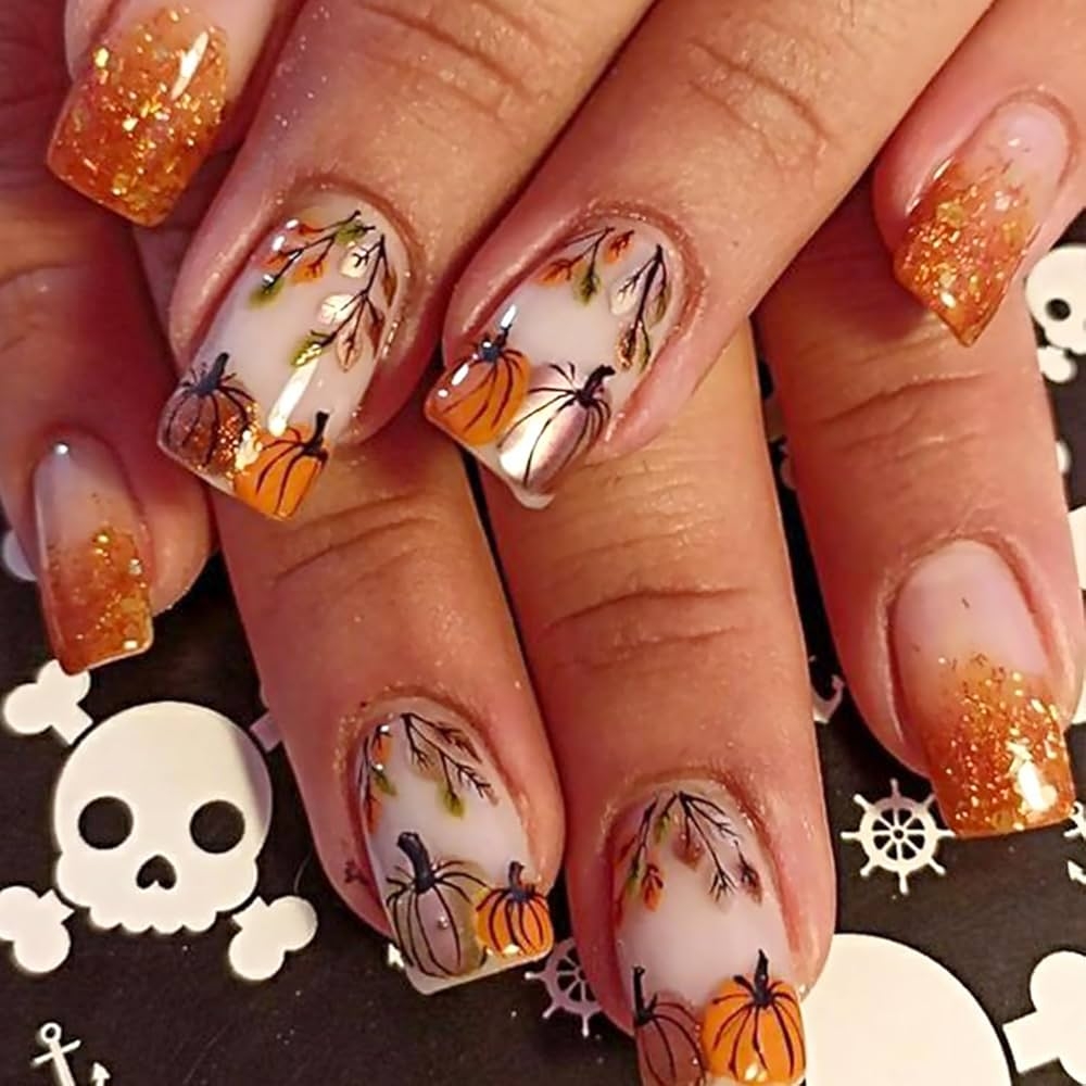 Amazon Fall Press On Nails Short Square Fake Nails Gold Glitter French Tip Full Cover Artificial Thanksgiving Nails Pumpkin Maple Leaf False Nails Autumn Design Glue On Nails For Acrylic Manicure Decorations 