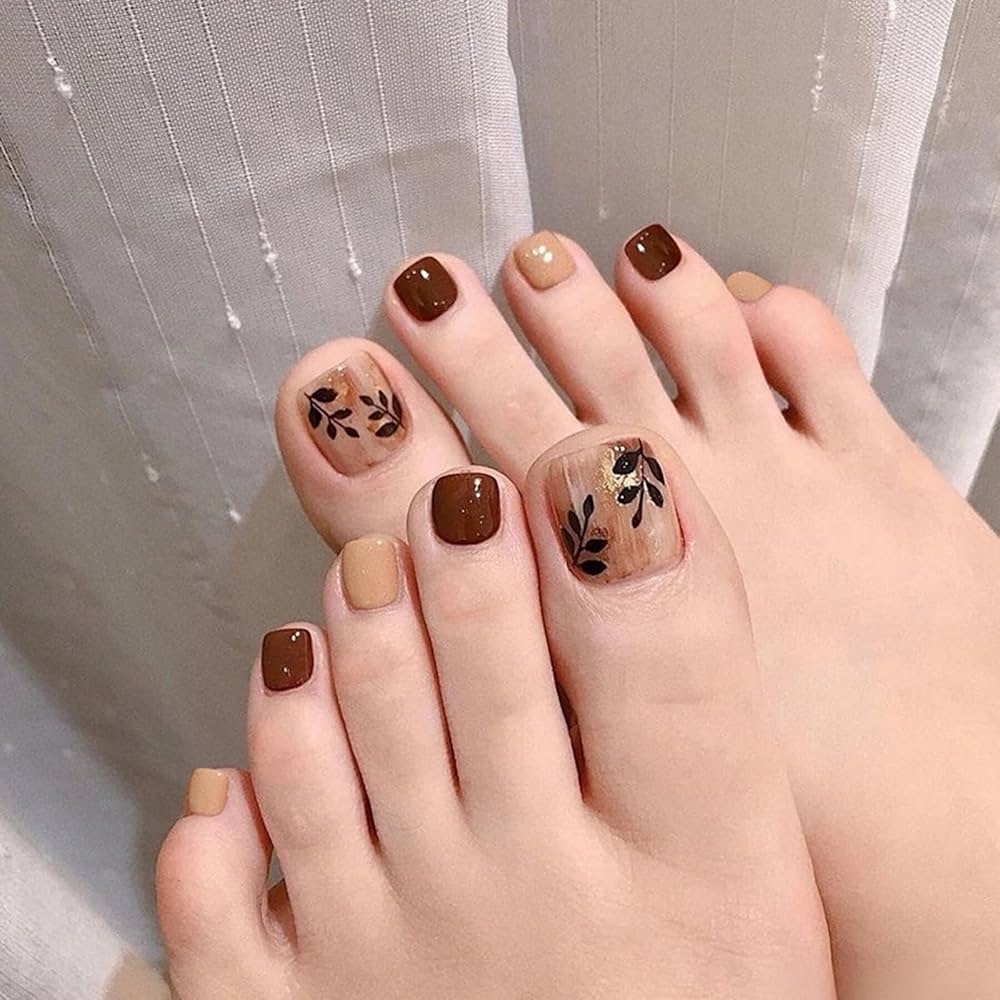 Amazon Fall Press On Toenails Short Square Fake Toenails Brown Acrylic Toenails Autumn Leaves False Toenails With Foil Designs Full Cover Glossy Stick On Toenails Cute Glue On Toenails For Women Girls