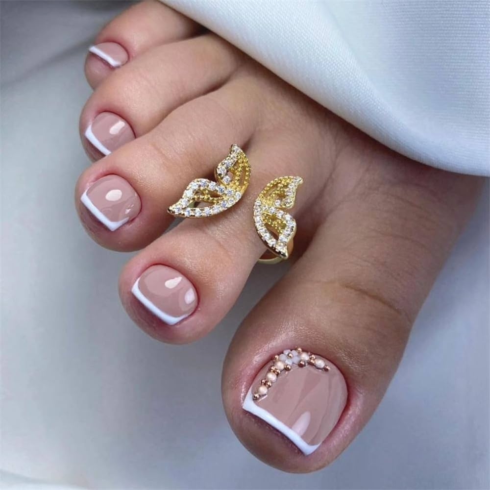 Amazon Fashionable Toe Press On Fake Nails Elegant Flowers Pearl Nail Art Decoration White French Pedicure For Women And Girls 24pcs Beauty Personal Care
