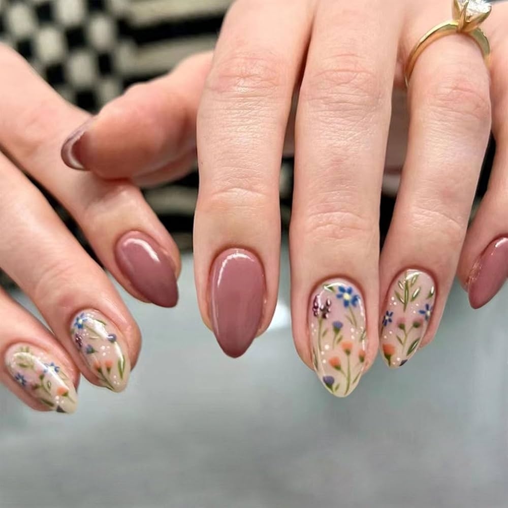 Amazon Flower Press On Nails Short Almond Fall Nails Press Ons Short Fake Nails With Floral Design Glue On Nails Glossy Floral False Nails Reusable Full Cover Acrylic Stick On Nails For
