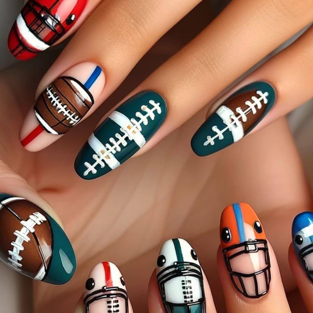 Amazon Football Press On Nails Medium Almond Fake Nails Acrylic Cute Football Helmet Designs French Tip Glue On Nails Reusable Full Cover Artificial Stick On Nails Holiday DIY For Women Girls 24Pcs 