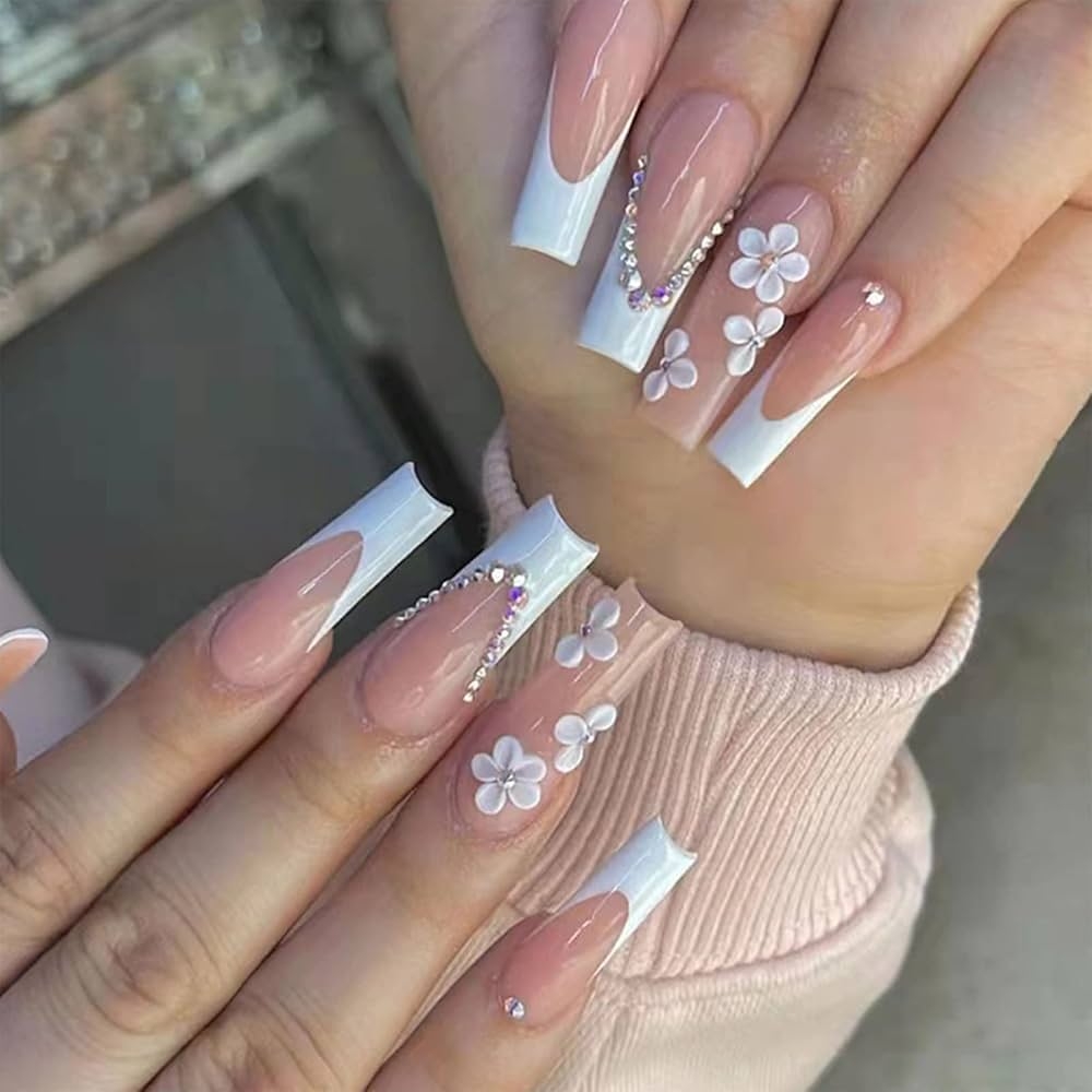 coffin white nail designs