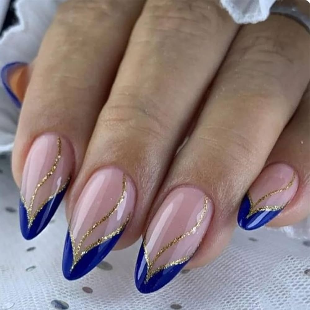 Amazon French Tip Press On Nails Medium Almond Fake Nails With Gold Glitter Curve Line Design Navy Blue False Nails Royal Blue Glue On Nails Reusable Acrylic Artificial Stick On Nails For Amazon French Tip Press On Nails Medium Almond Fake Nails With Gold Glitter Curve Line Design Navy Blue False Nails Royal Blue Glue On Nails Reusable Acrylic Artificial Stick On Nails For