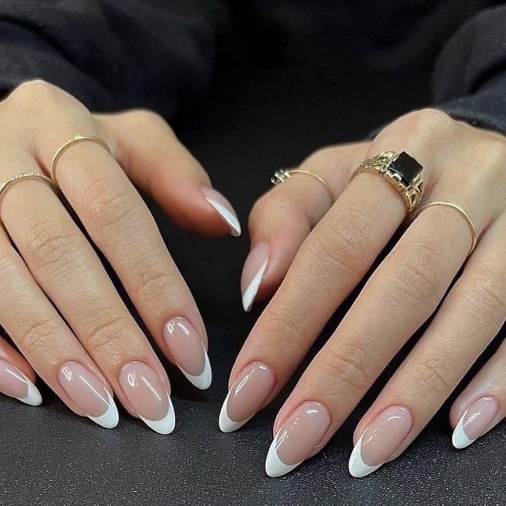 Amazon French Tip Press On Nails Medium Length Fake Nails Almond False Nails With White French Tip Designs Nude Pink Glue On Nails White Tip Stick On Nails Full Cover Acrylic Nails