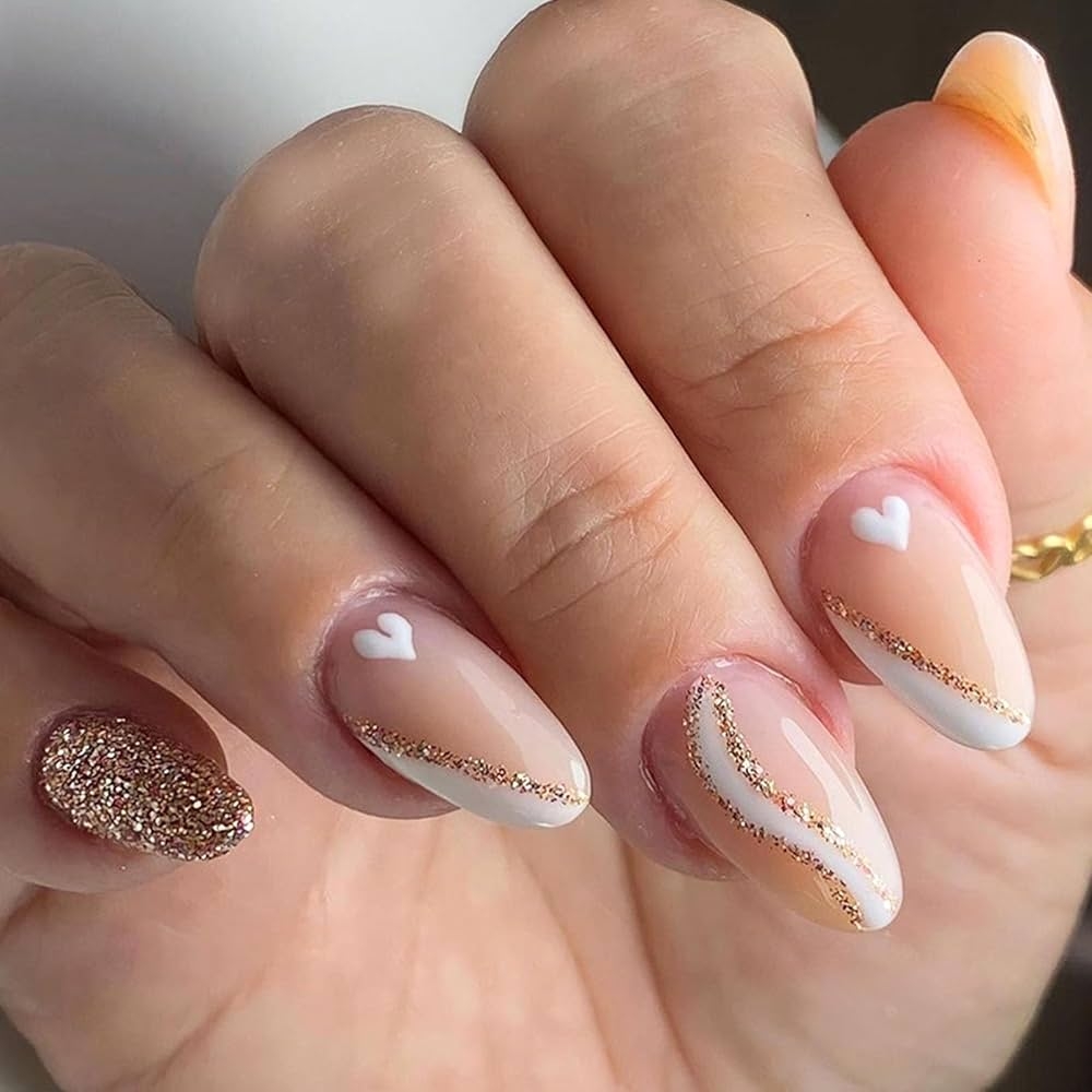 Amazon French Tip Press On Nails Short Oval TUZANDW White Edge Waves Loving Heart Designs Fake Nails Short Almond Glue On Nails Golden Glitter Lines False Nails For Women 24 Pcs 