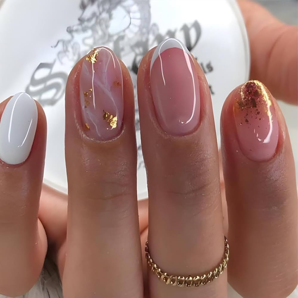 Amazon French Tip Press On Nails Short Round Head Almond Fake Nails With Gold Foil Design Full Cover Glue On Nails Pink Acrylic False Nails Glossy Stick On Nails For Women Girls