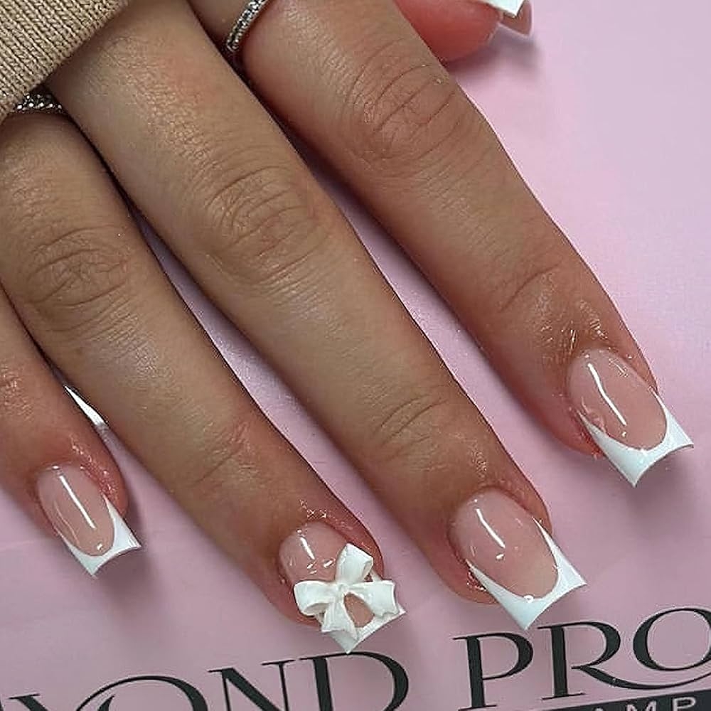 Amazon French Tip Press On Nails Short Square Fake Nails Glossy White French Full Cover Glue On Nails With 3D Resin Bow Charm Designs Reusable Nude Stick On Nails For Women Girls